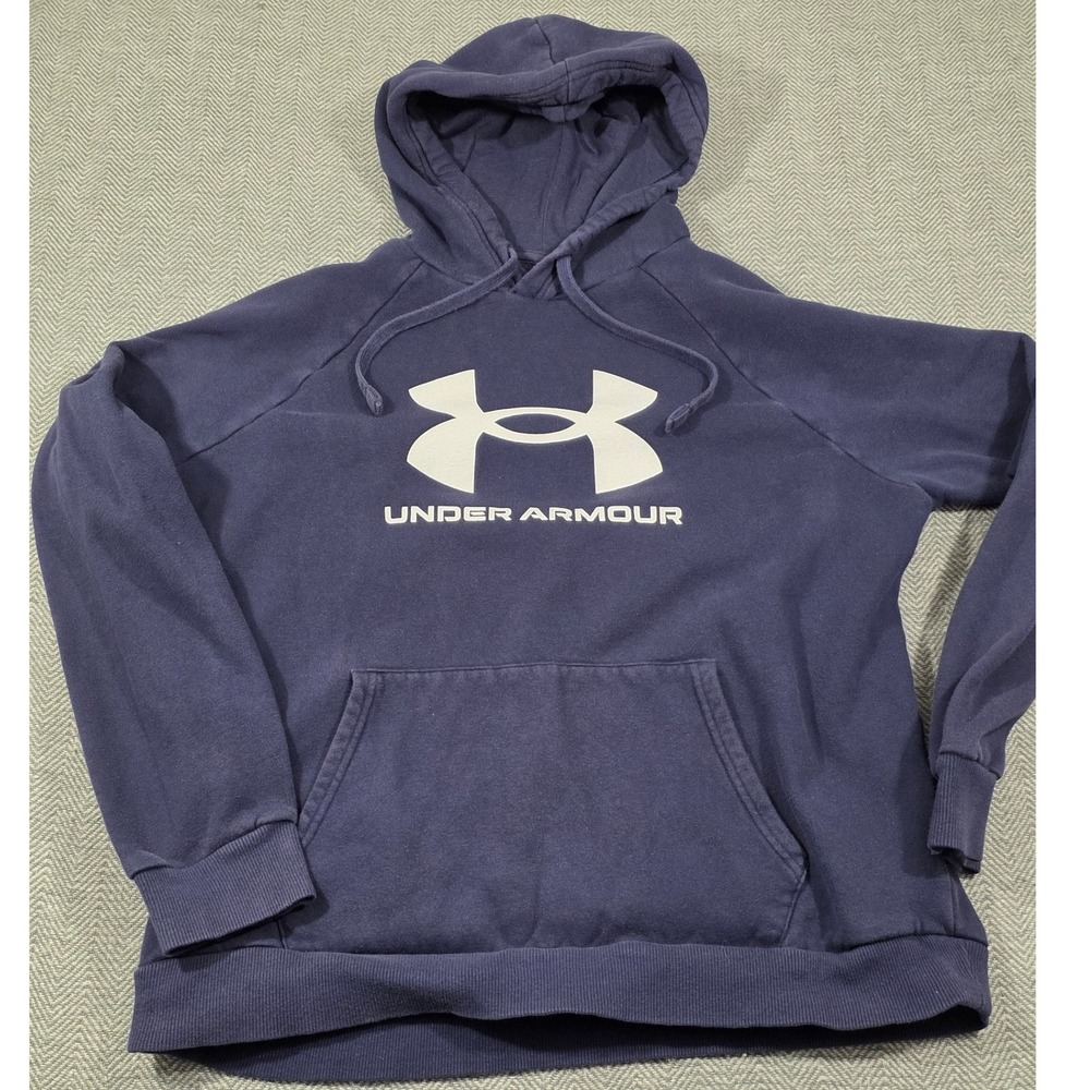 Under Armour Mens Rival Fleece Hoodie Navy Blue Big Logo Pullover Large‎